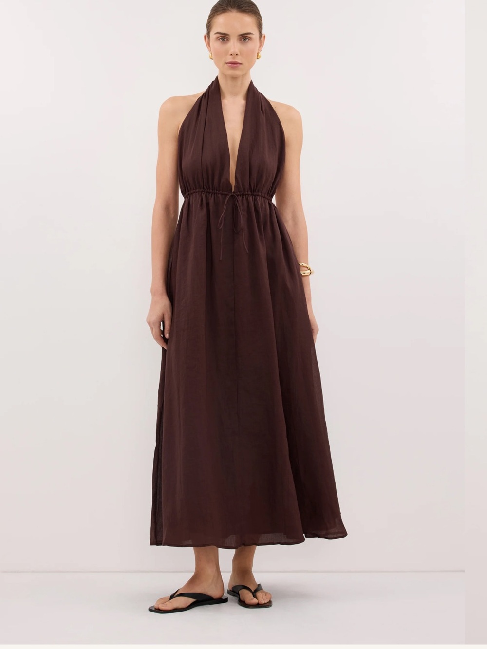 DISSH Chocolate Brown Backless Halter Maxi Dress